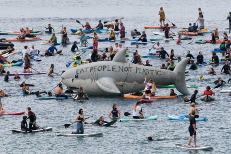 G7 zirvesi: Sörf tahtasını alan protesto için denize koştu