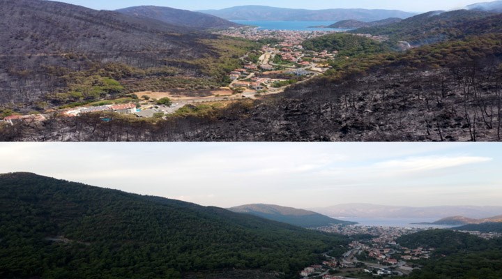 Marmaris’in yangından önceki ve sonraki durumu havadan görüntülendi